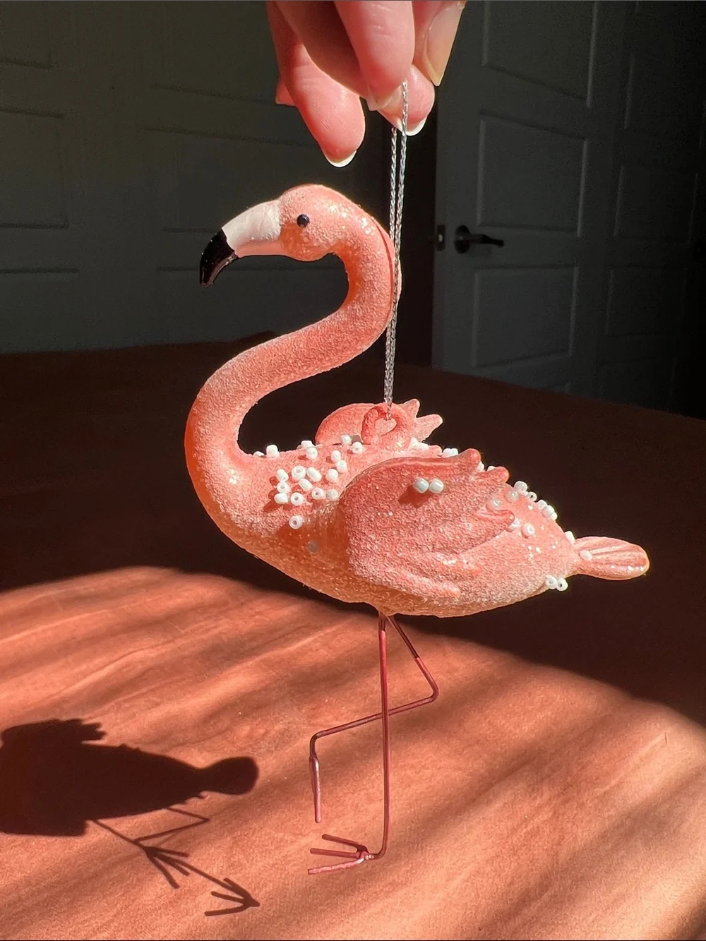 Pink sparkly flamingo ornament